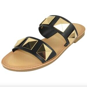 New Soda Shoes Women's Sandals Double Strap Flip Flops Large Gold Studded, 6